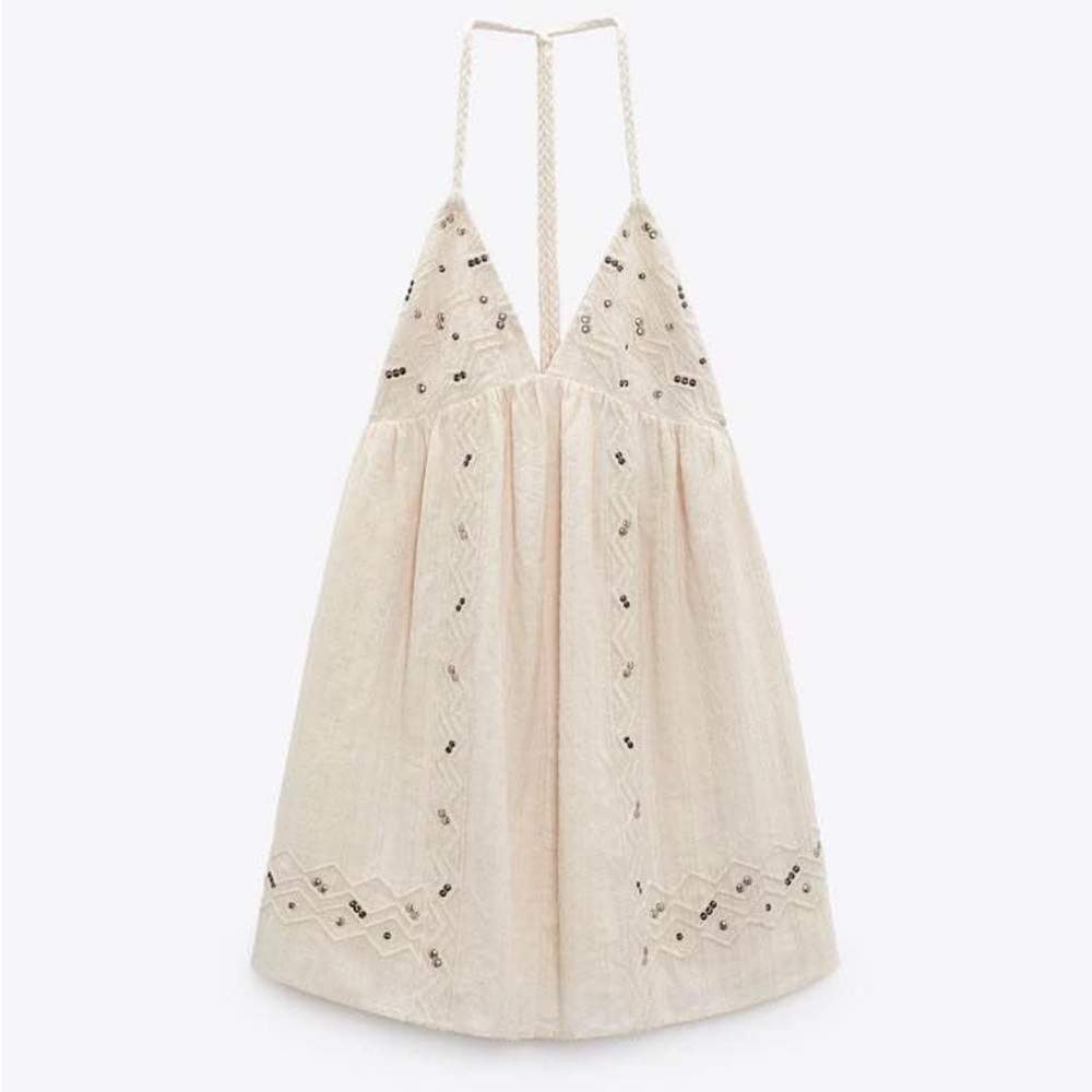 Zara Beige Mini Dress with Embellishments
